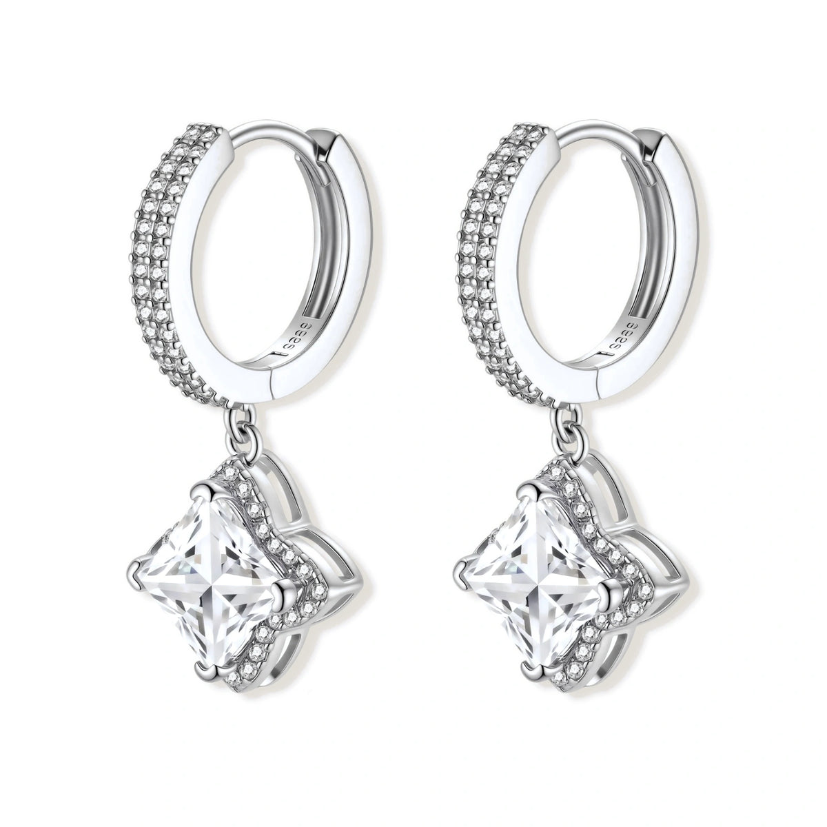 Delphine Star Moissanite Huggies, pair close up showing the pavé hoops and square centre stones