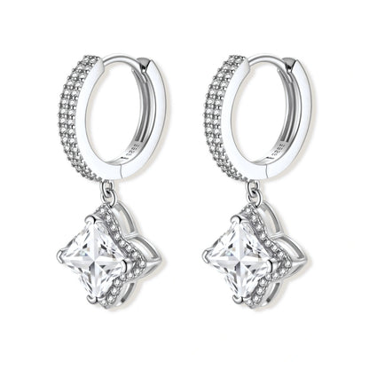 Delphine Star Moissanite Huggies, pair close up showing the pavé hoops and square centre stones