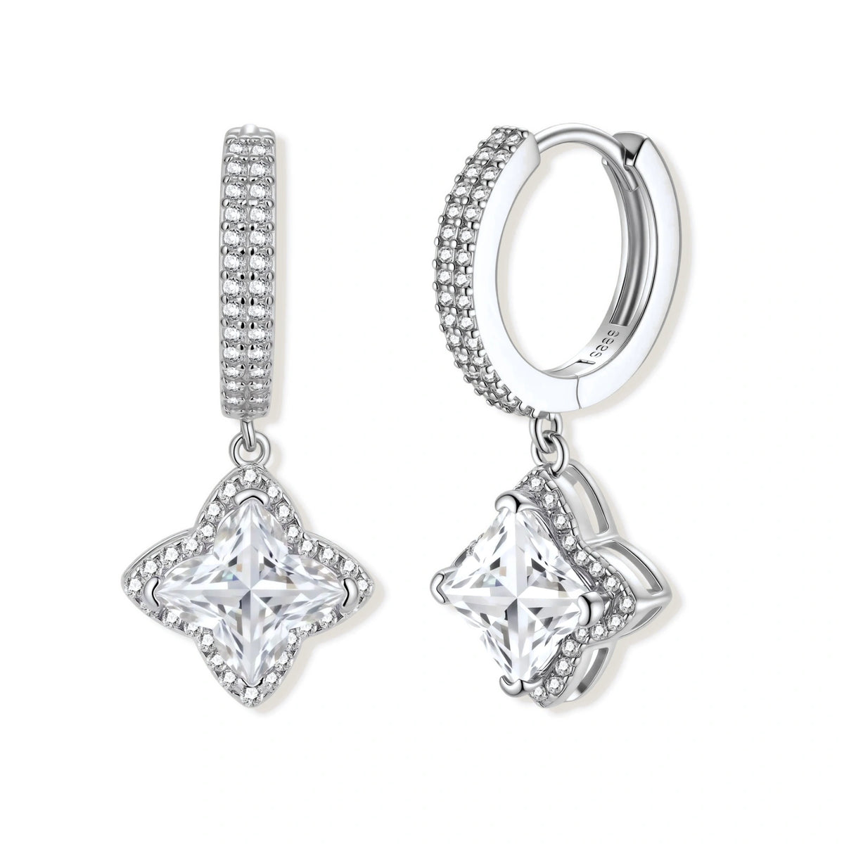 Delphine Star Moissanite Huggies, pair of pavé huggie hoops each with a square moissanite in a four-point star frame, front view