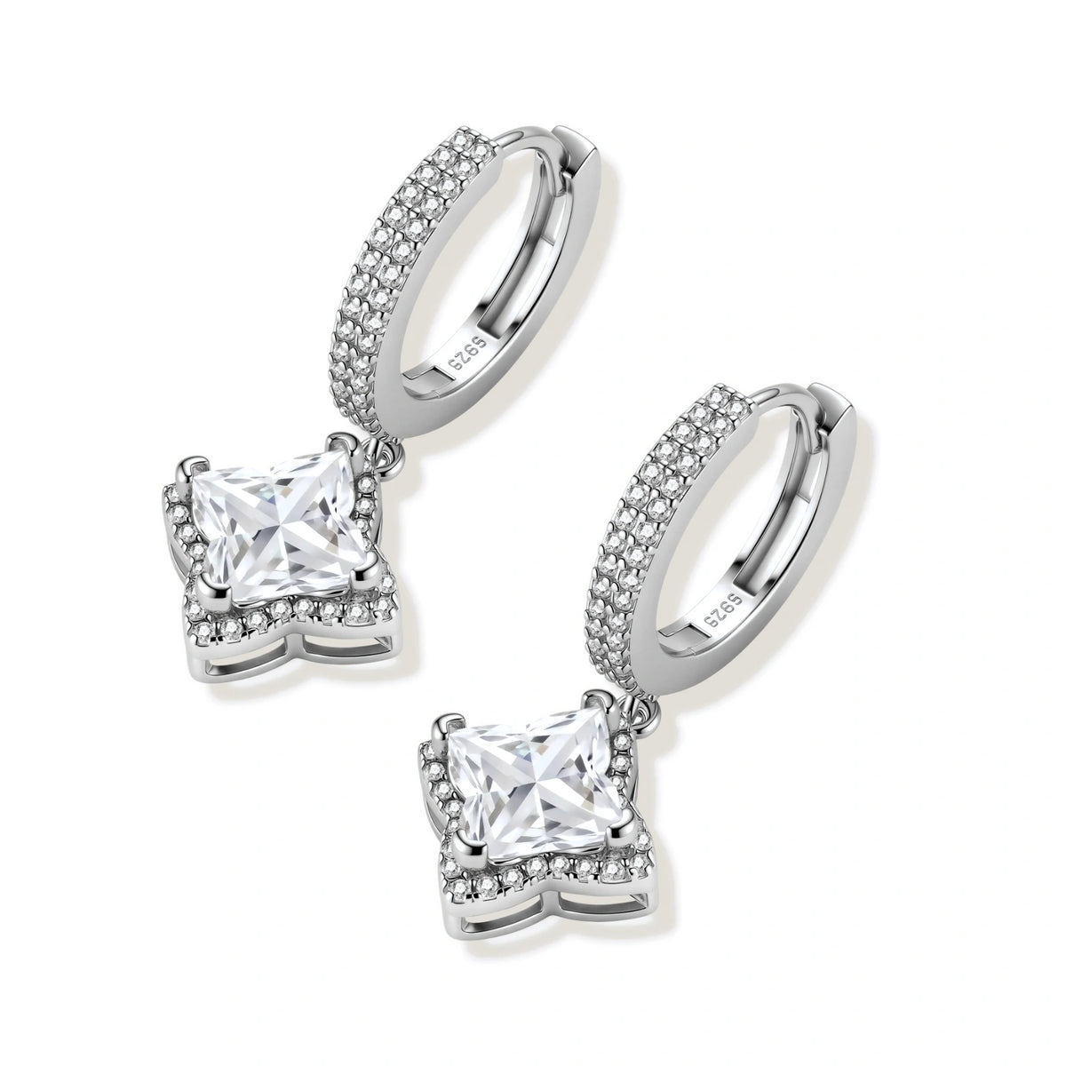 Delphine Star Moissanite Huggies, pair angled showing the hinged hoops and the star-framed drops