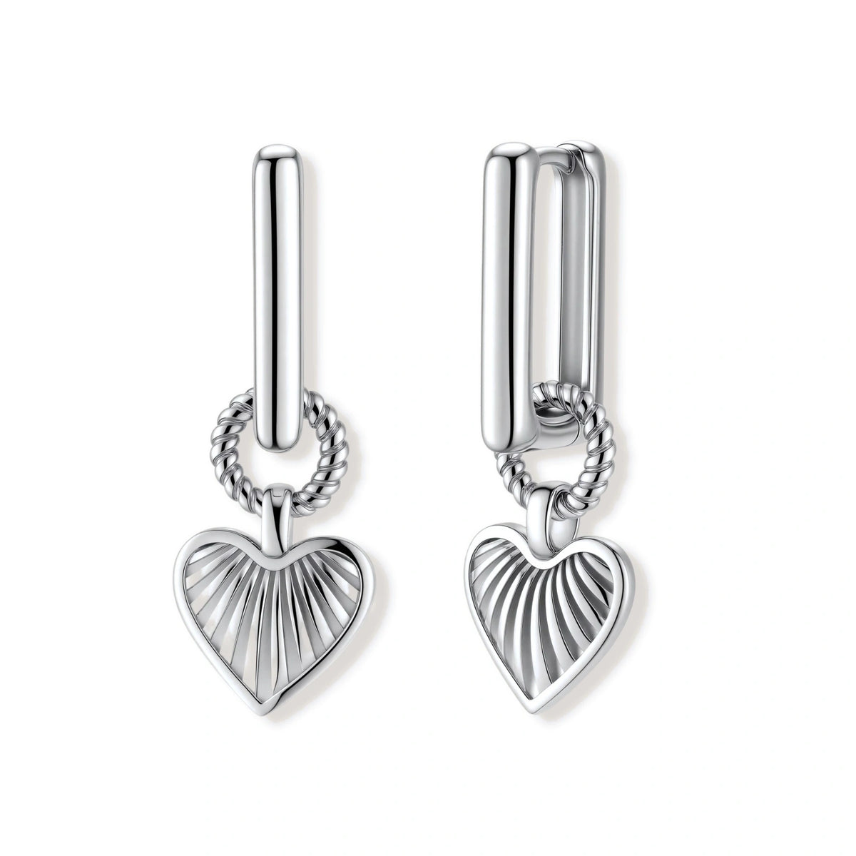 Ada Heart Huggies, pair of silver rectangular huggie earrings with a twisted ring and ribbed open heart drop, front view