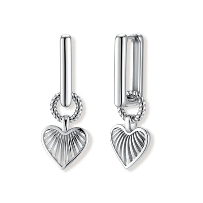 Ada Heart Huggies, pair of silver rectangular huggie earrings with a twisted ring and ribbed open heart drop, front view