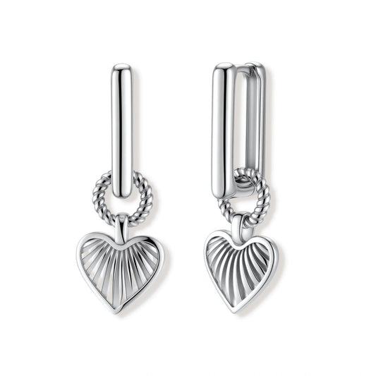 Ada Heart Huggies, pair of silver rectangular huggie earrings with a twisted ring and ribbed open heart drop, front view