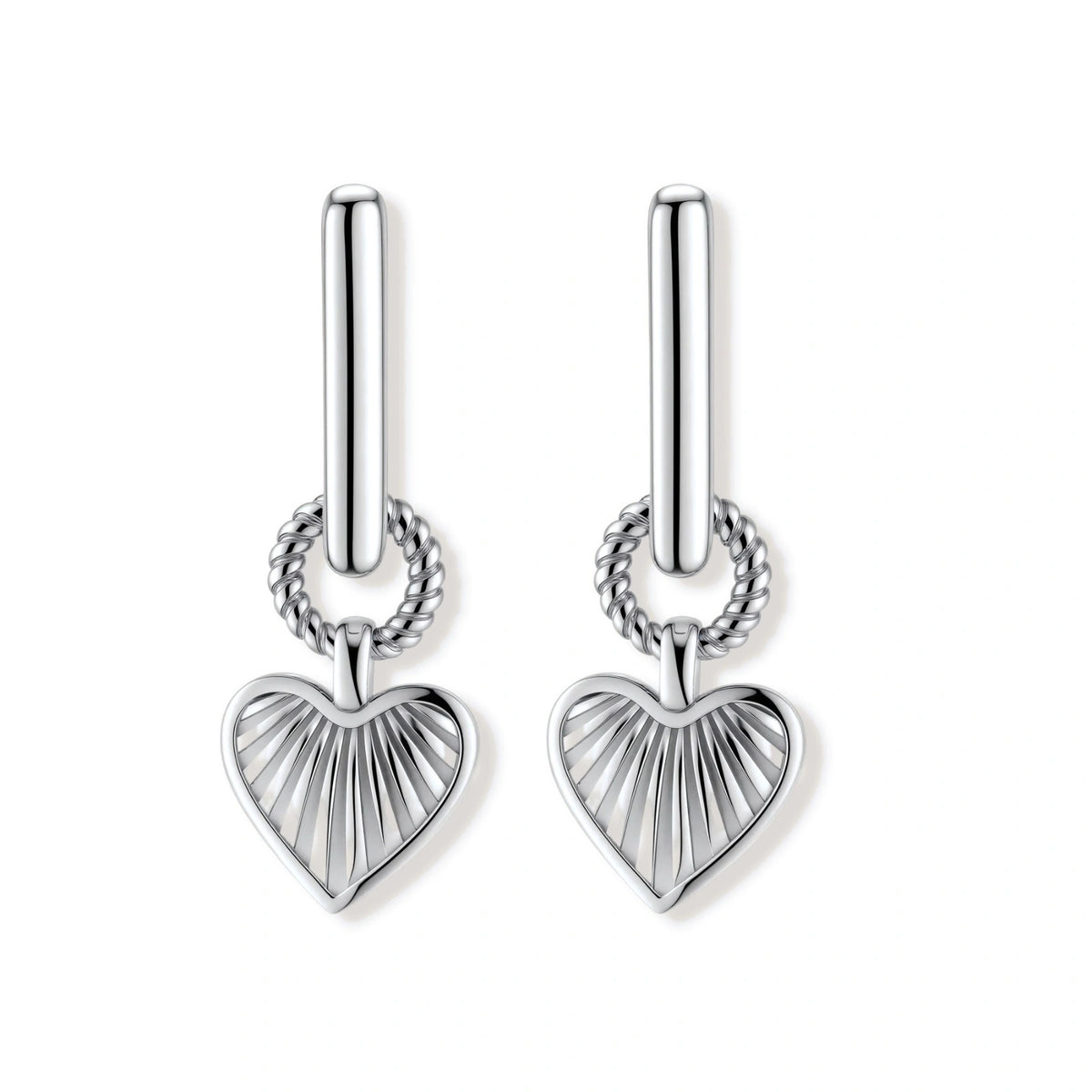 Ada Heart Huggies, pair of silver heart drop huggies, front view, second angle