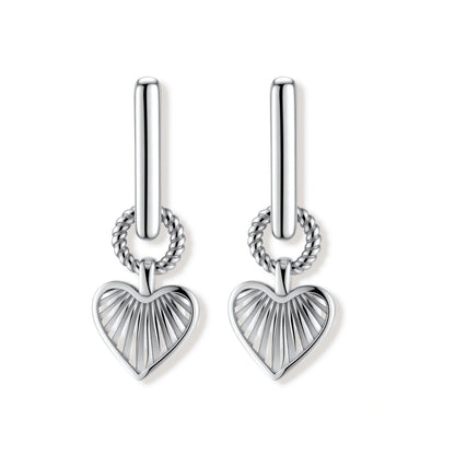 Ada Heart Huggies, pair of silver heart drop huggies, front view, second angle