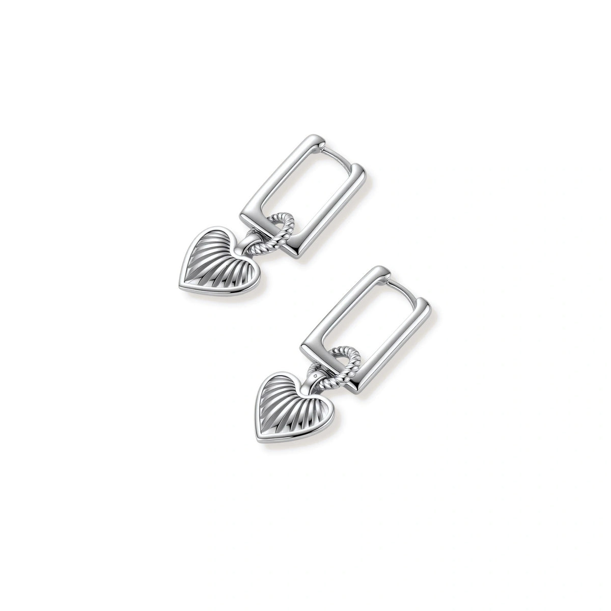 Ada Heart Huggies, pair lying flat, angled from above, showing the rectangular hinged huggie and ribbed heart charms