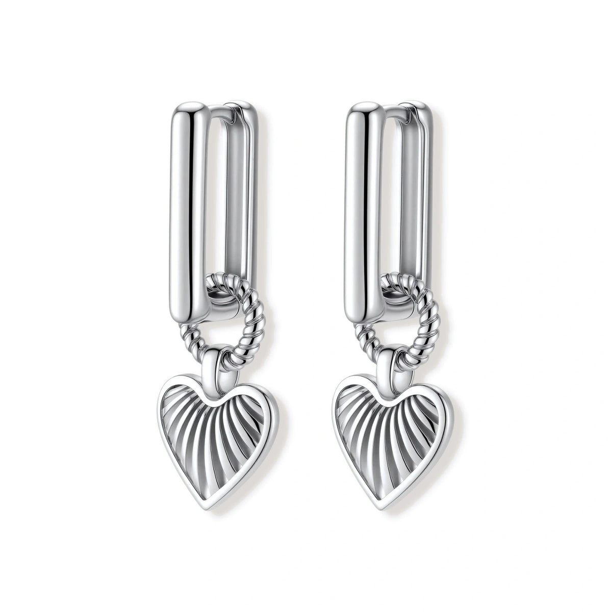 Ada Heart Huggies, pair of silver heart drop huggies showing the open rectangular hoop outline, front view