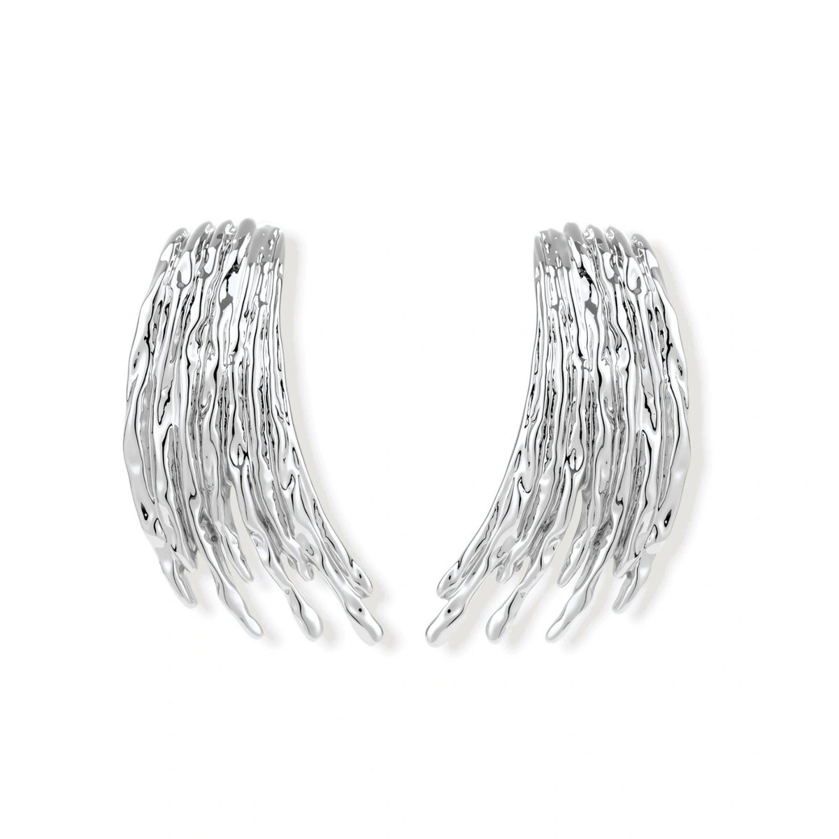 Elowen Sweeping Wing Earrings, pair of silver-tone sculpted wing earrings, front view