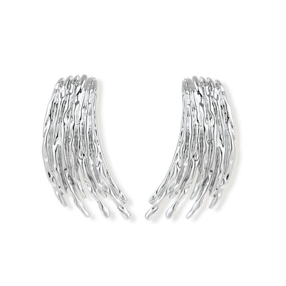 Elowen Sweeping Wing Earrings, pair of silver-tone sculpted wing earrings, front view