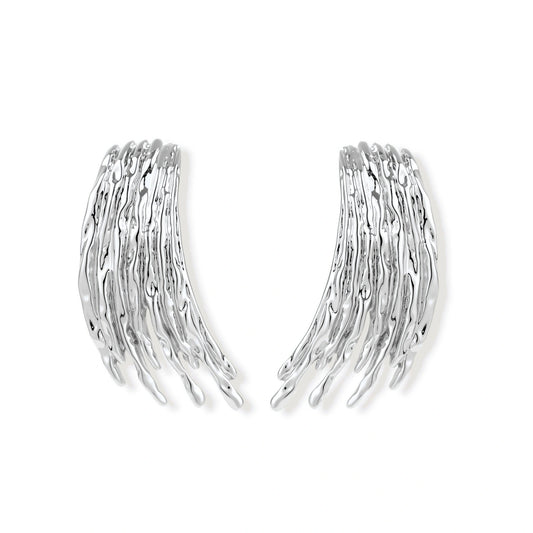 Elowen Sweeping Wing Earrings, pair of silver-tone sculpted wing earrings, front view