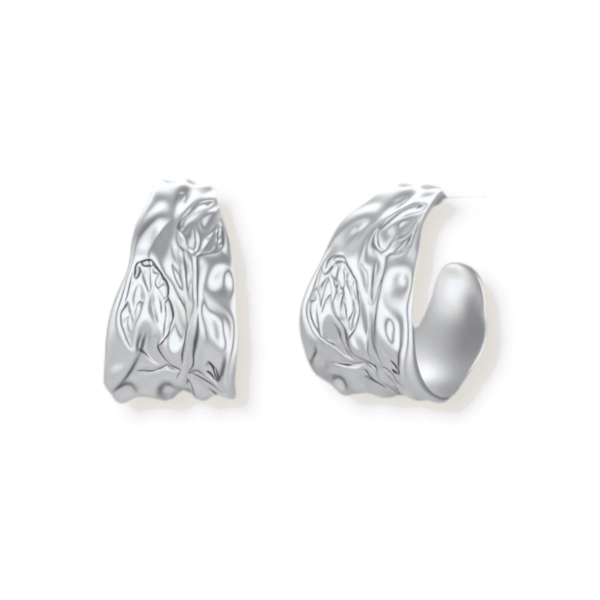 Marguerite Floral Hoops, silver-tone textured hoops with etched tulip motif, front view