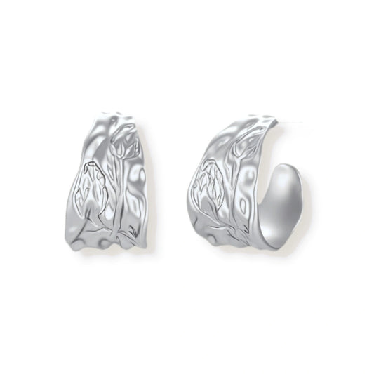 Marguerite Floral Hoops, silver-tone textured hoops with etched tulip motif, front view