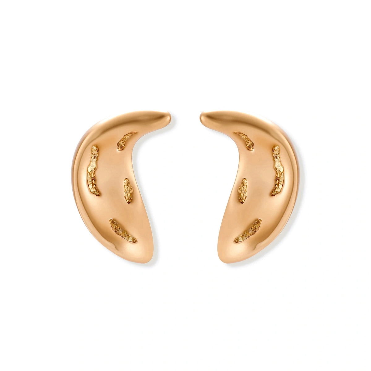 Calla Crescent Earrings, pair of polished gold-tone crescents with textured grooves, front view