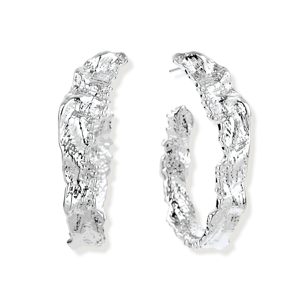 Ottilie Textured Hoops, pair of wide crinkle-textured silver-tone hoops, front view