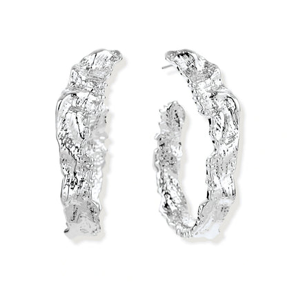 Ottilie Textured Hoops, pair of wide crinkle-textured silver-tone hoops, front view