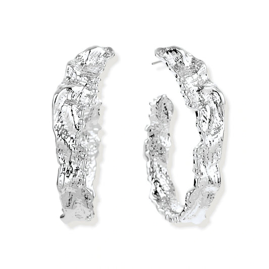 Ottilie Textured Hoops, pair of wide crinkle-textured silver-tone hoops, front view