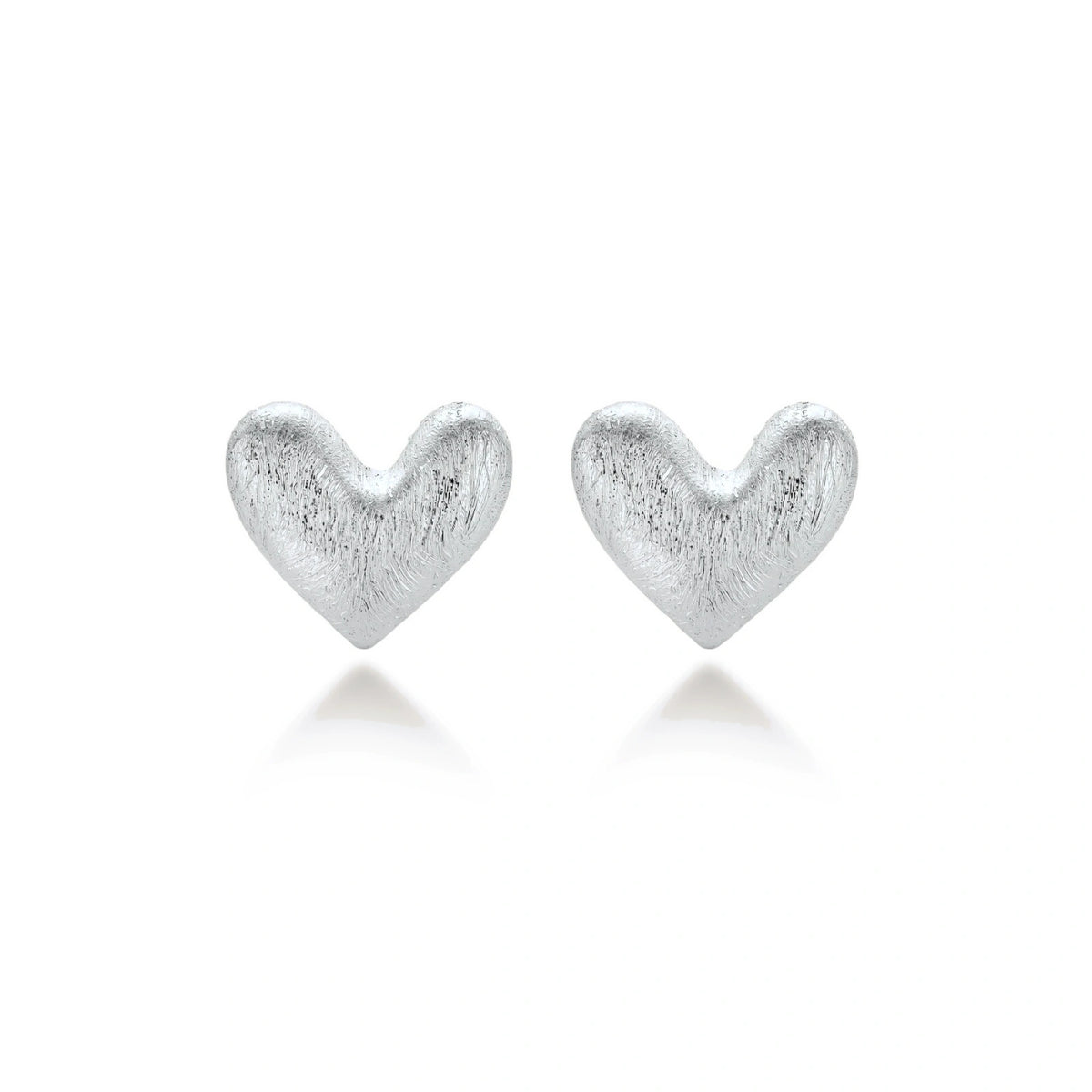 Hazel Silver Heart Studs, pair of brushed heart studs side by side, front view