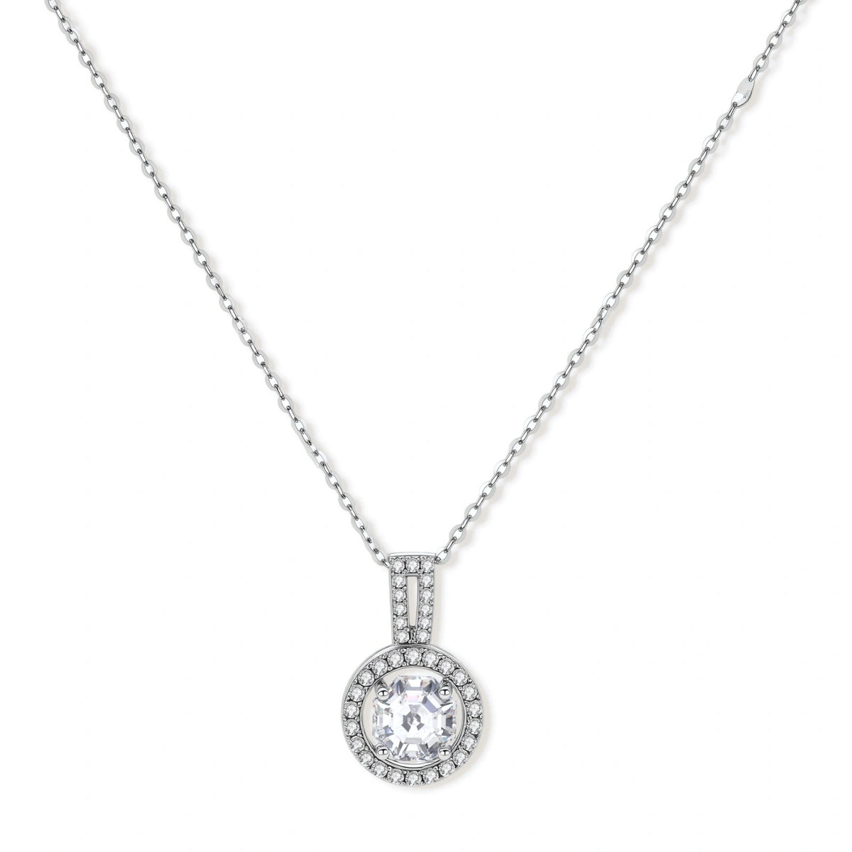 Marlowe Halo Necklace, pendant with pavé halo and clear stone, front view on white