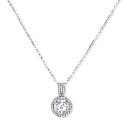 Marlowe Halo Necklace, pendant with pavé halo and clear stone, front view on white