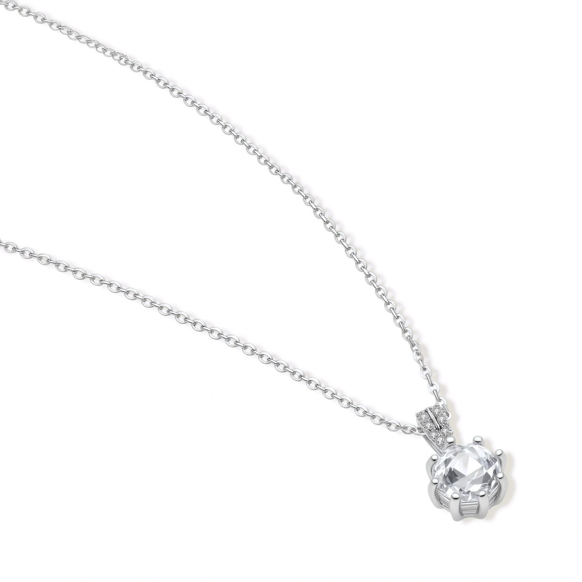 Clea Solitaire Necklace, necklace laid at an angle showing the prong-set round stone and pavé bail