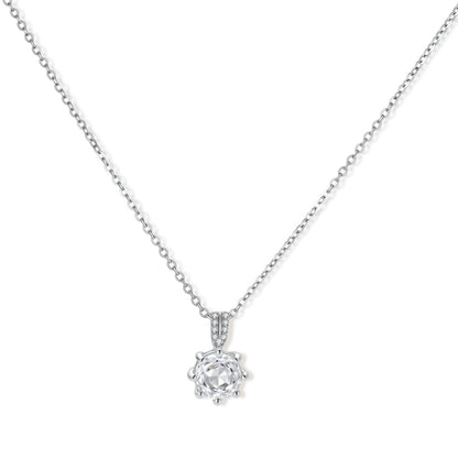 Clea Solitaire Necklace, single round clear stone pendant in a prong setting with a pavé bail on a fine silver cable chain, full length