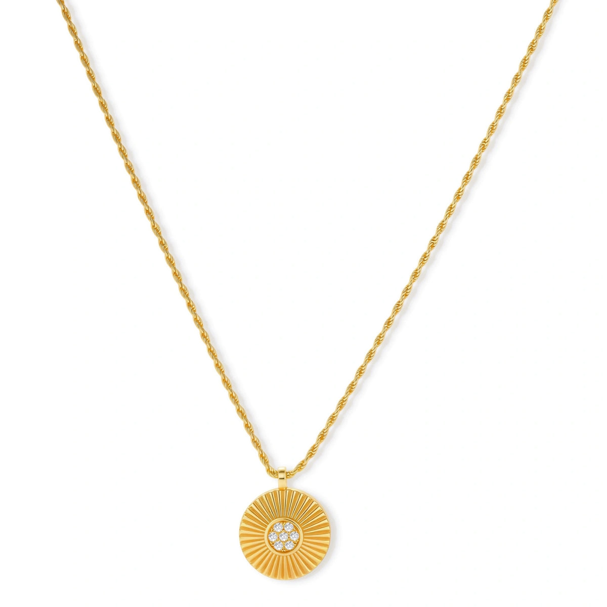 Rae Medallion Necklace, gold fluted sunburst medallion with a round cubic zirconia cluster at the centre, on a twisted rope chain, full length