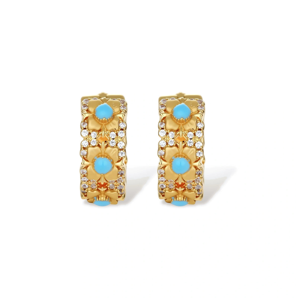 Camellia Garden Hoops, close-up of the floral motif and pavé detail