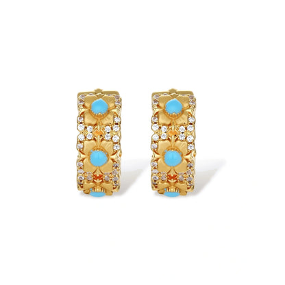 Camellia Garden Hoops, close-up of the floral motif and pavé detail