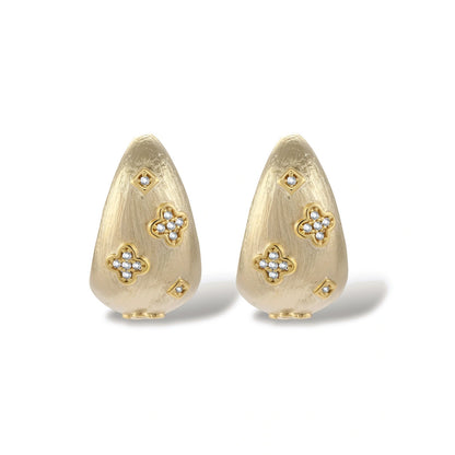 Clementine Clover Teardrop Earrings, close-up of the clover and zirconia detail
