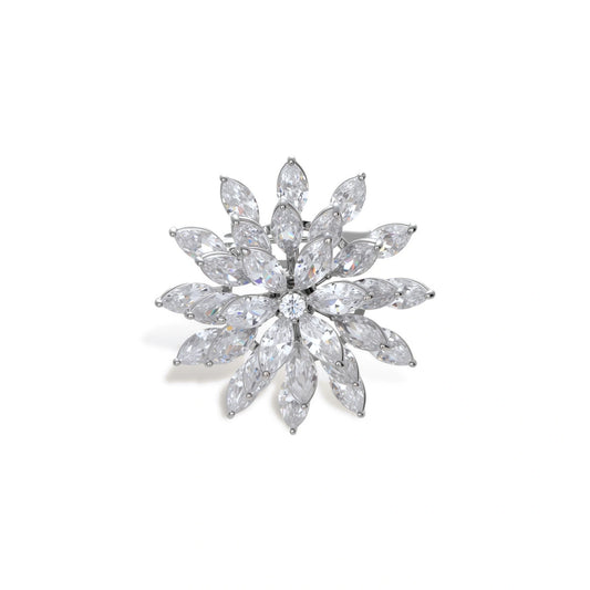 Halle Starflower Brooch, front view of the marquise zirconia flower burst in silver-tone brass