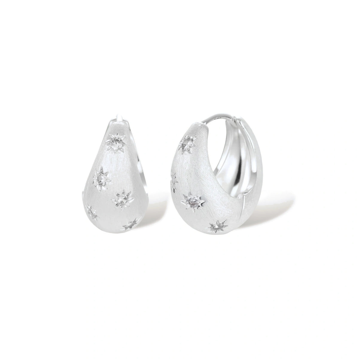 Guinevere Star Hoop Earrings, silver-tone zirconia star hoops, front view