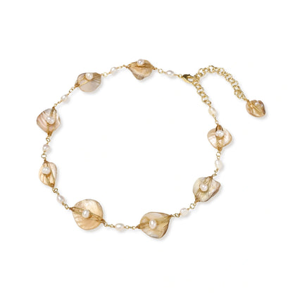 Golden Leaf Pearl Necklace - close-up detail view