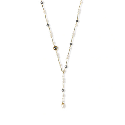 Twilight Pearl Lariat in 14K gold-plated recycled brass with white and grey freshwater pearls