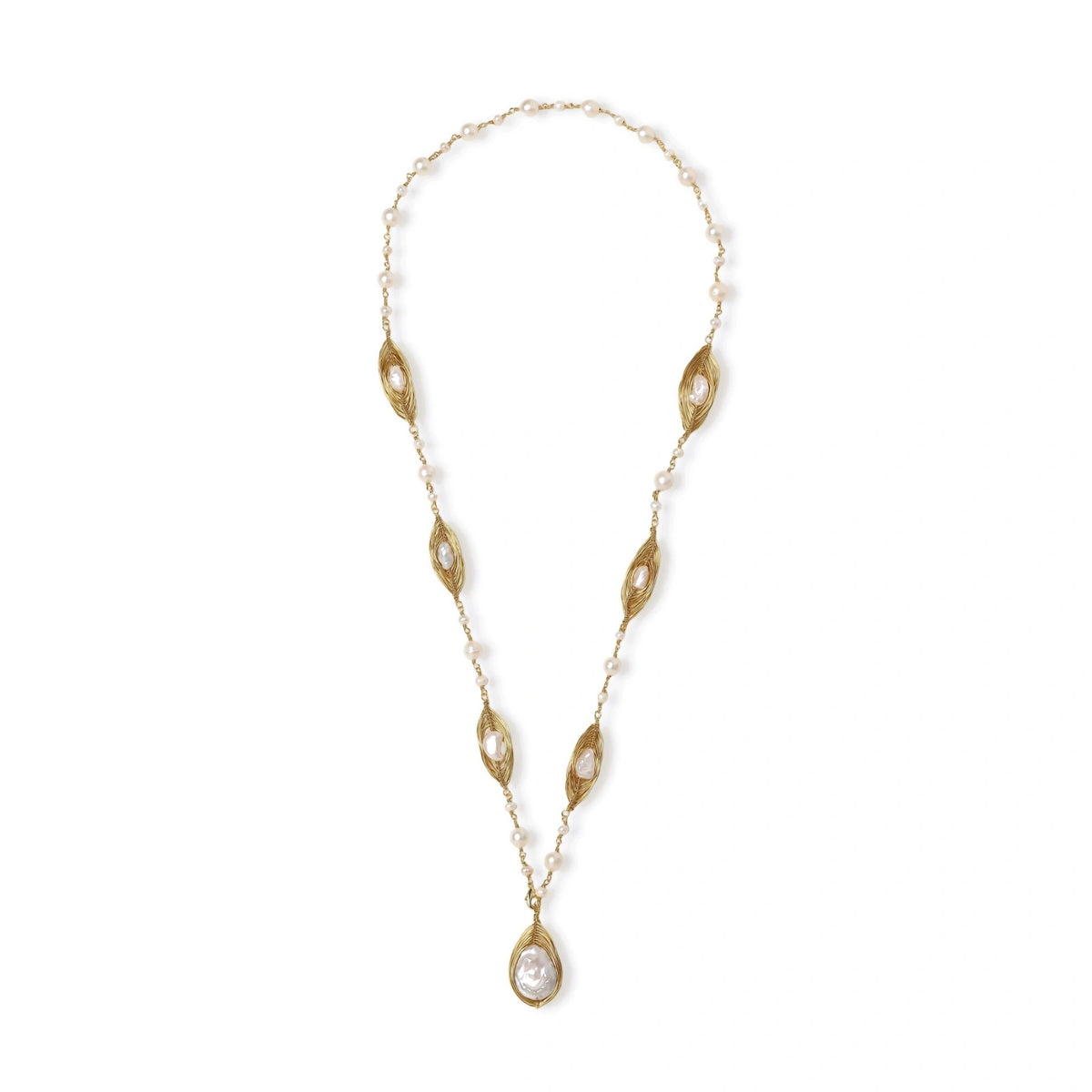 Golden Leaf Baroque Necklace in gold-plated brass with freshwater and baroque pearls