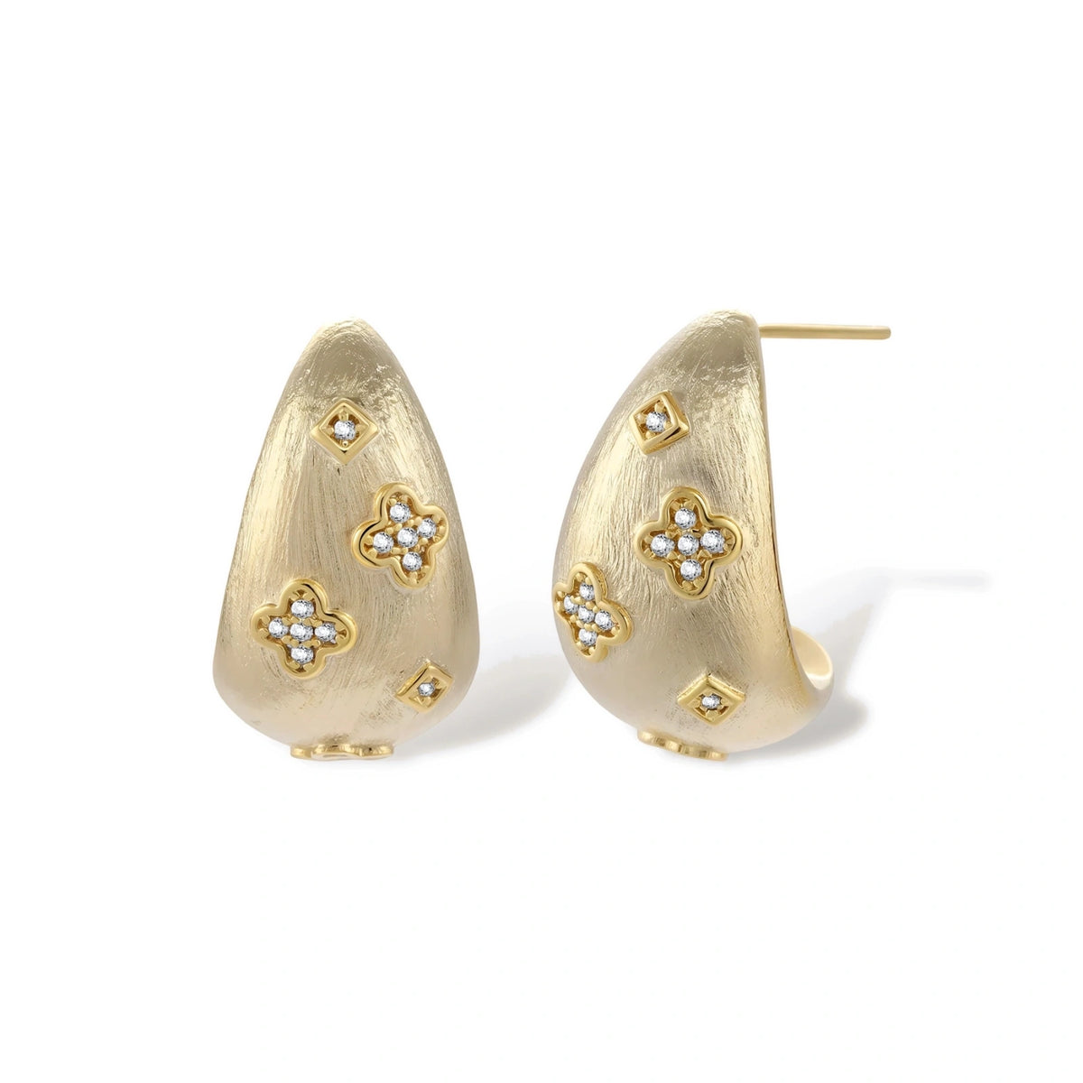 Clementine Clover Teardrop Earrings, gold-tone teardrop dome earrings, front view