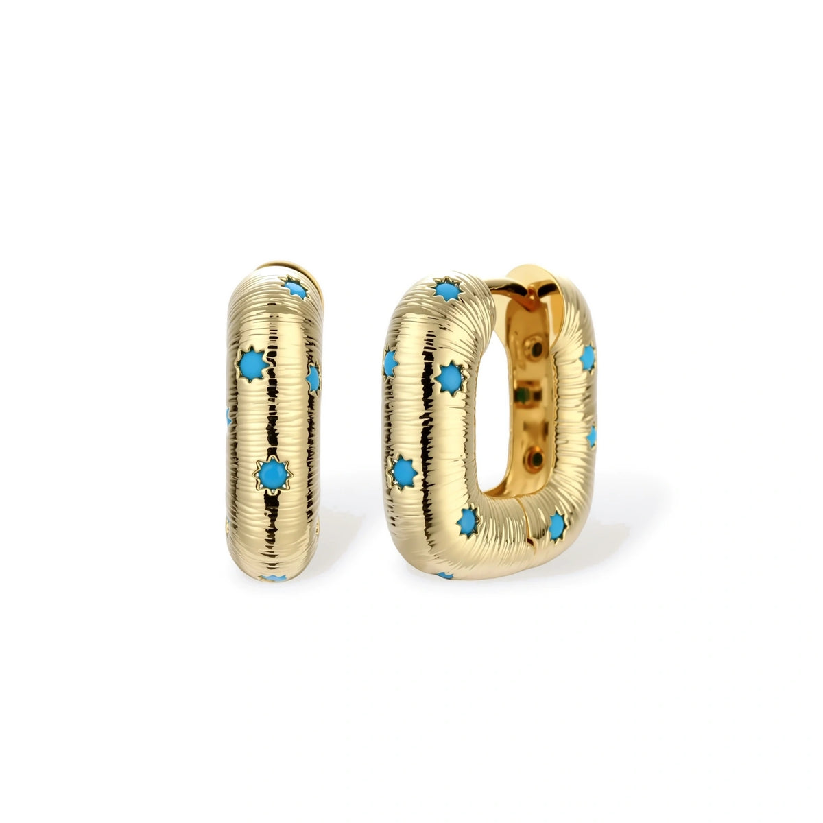 Nova Celestial Hoops gold-tone brass huggie hoops with blue star-set stones, cover image