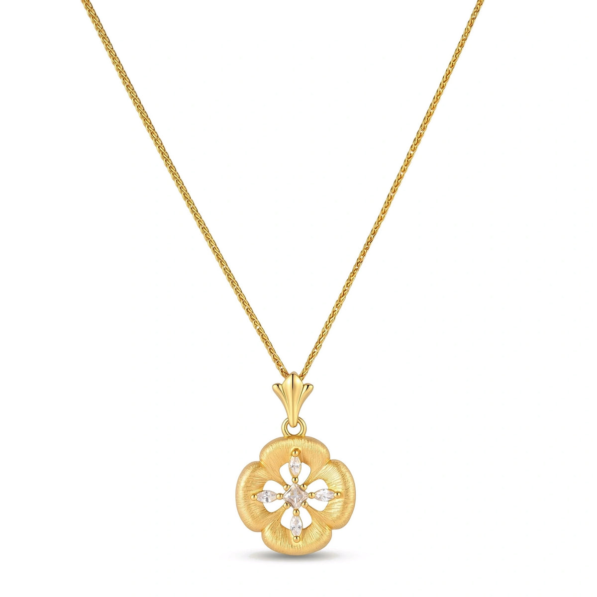 Fleur Pendant Necklace, gold four-petal flower pendant with marquise cubic zirconia centre on a fine chain, full length