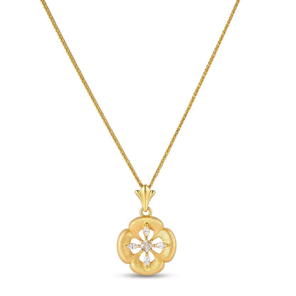 Fleur Pendant Necklace, gold four-petal flower pendant with marquise cubic zirconia centre on a fine chain, full length
