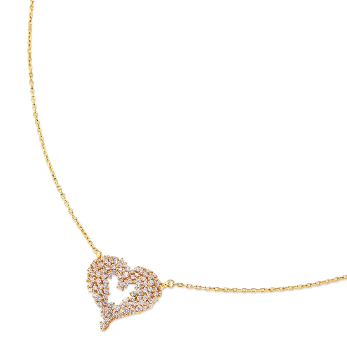 Elodie Pavé Heart Necklace, necklace laid at an angle showing the pavé open-heart pendant