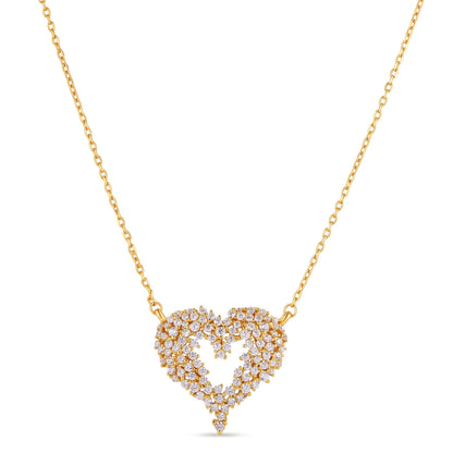 Elodie Pavé Heart Necklace, open heart pendant covered in cubic zirconia clusters on a gold cable chain, full length