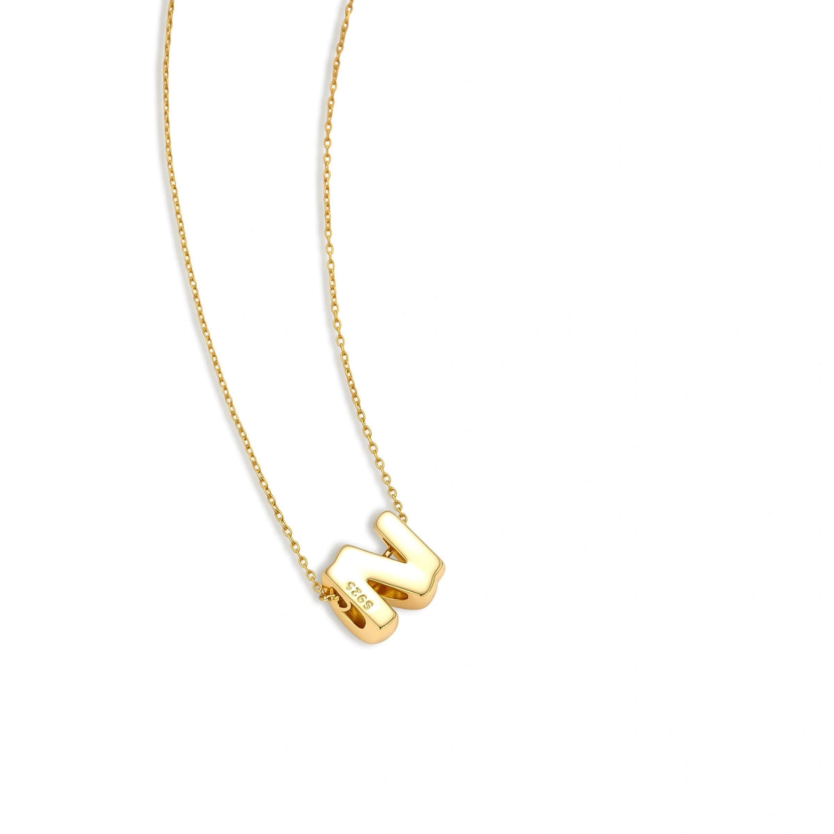 Initial N Necklace, close view of the polished letter N pendant