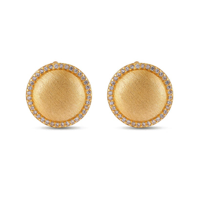 Celia Halo Studs, pair of brushed gold dome studs with cubic zirconia halo, straight-on front view