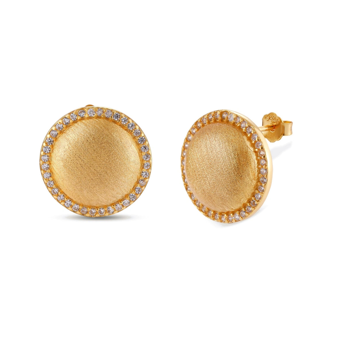Celia Halo Studs, pair of brushed gold dome studs with cubic zirconia halo, front view, slightly angled, posts visible