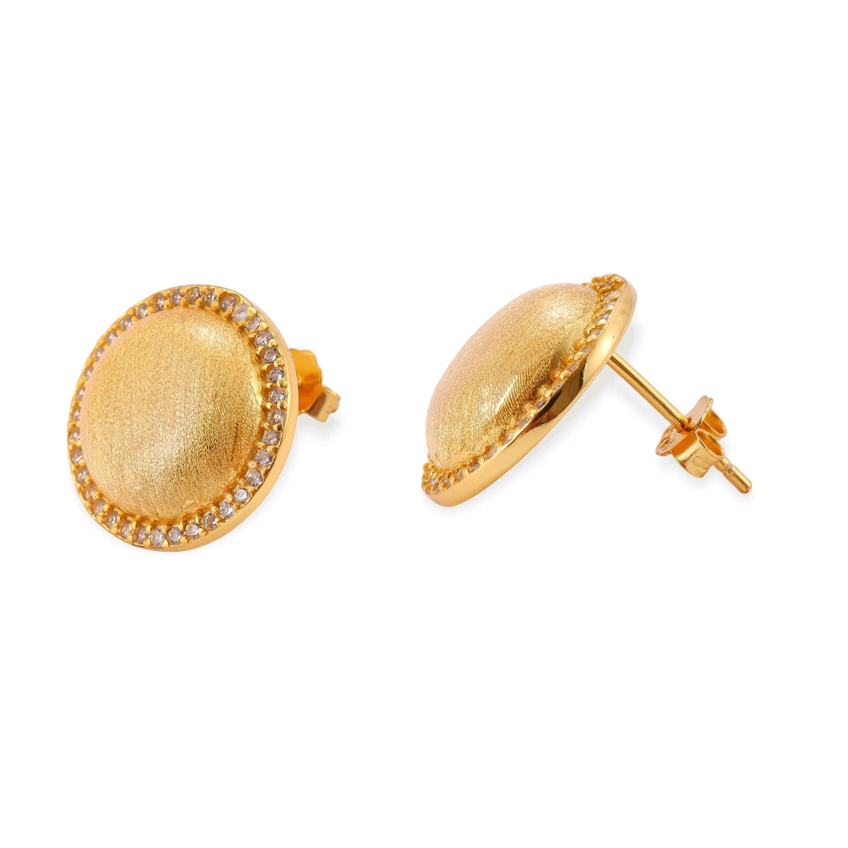 Celia Halo Studs, one dome stud front view beside one tilted to show the domed profile and butterfly push-back post