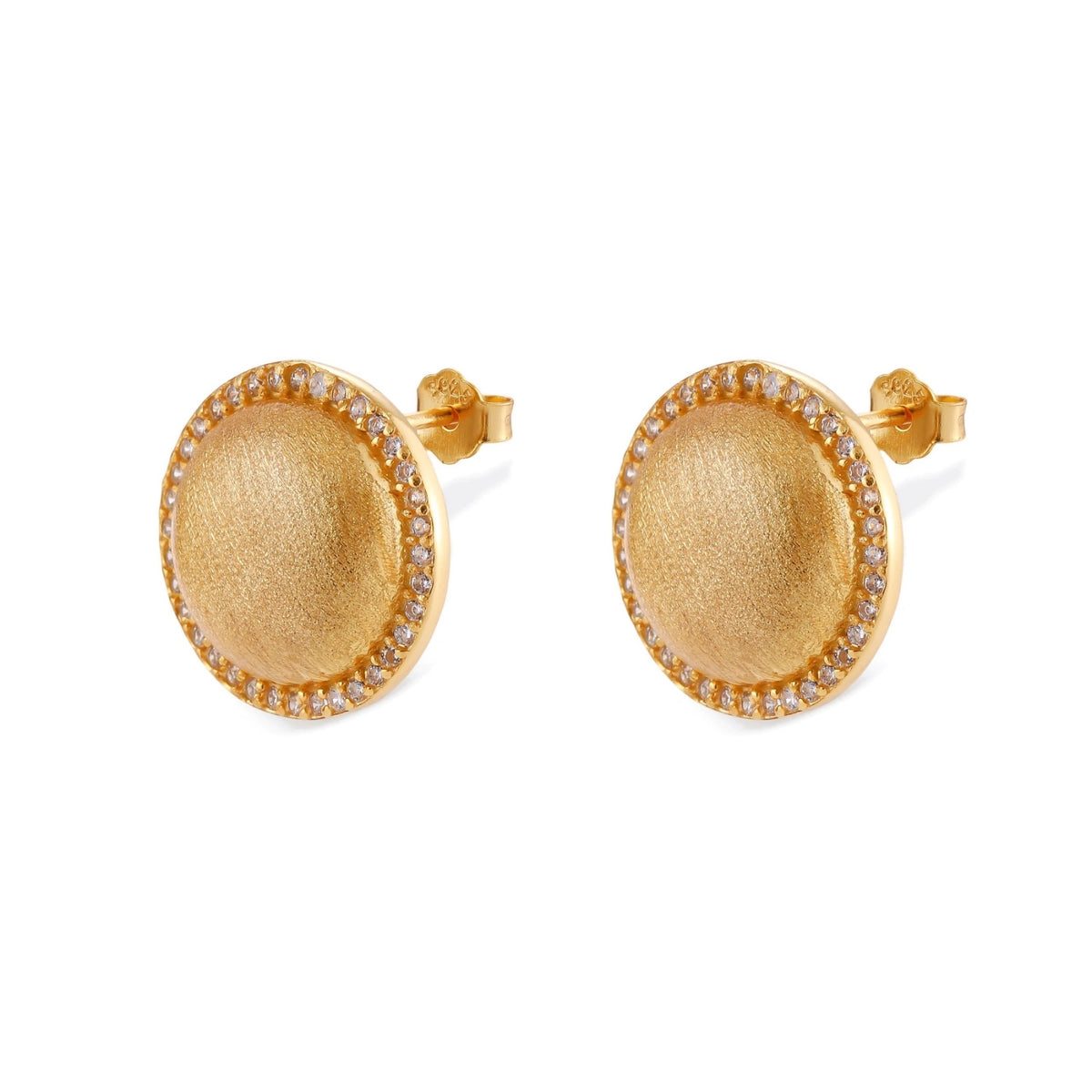 Celia Halo Studs, pair of brushed gold dome studs with cubic zirconia halo, angled front view