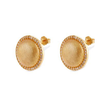 Celia Halo Studs, pair of brushed gold dome studs with cubic zirconia halo, angled front view