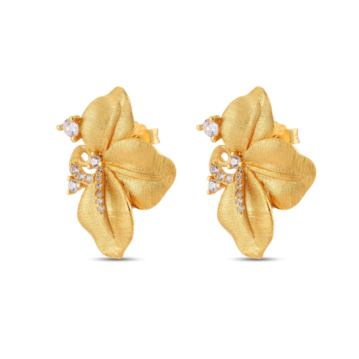 Elise Petal Studs, pair of brushed gold flower studs with cubic zirconia swirl, front view, second angle