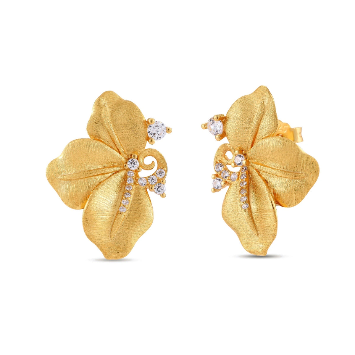 Elise Petal Studs, pair of brushed gold four-petal flower studs with cubic zirconia swirl, front view, slightly angled