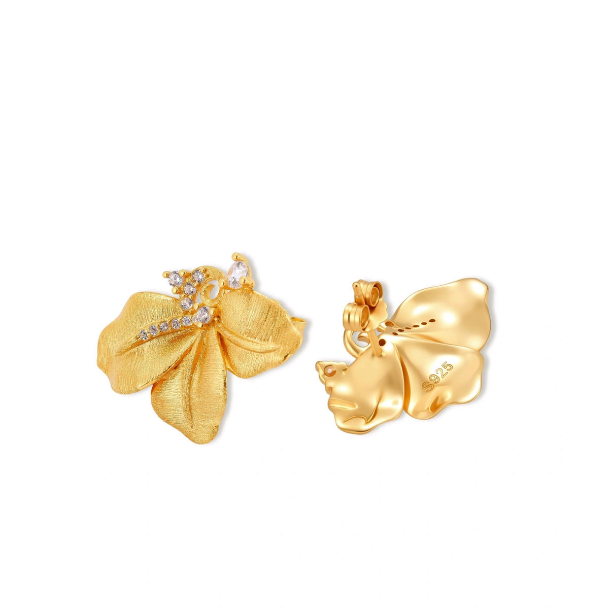 Elise Petal Studs, one flower stud front view beside one turned to show the polished back, 925 stamp and butterfly push-back post