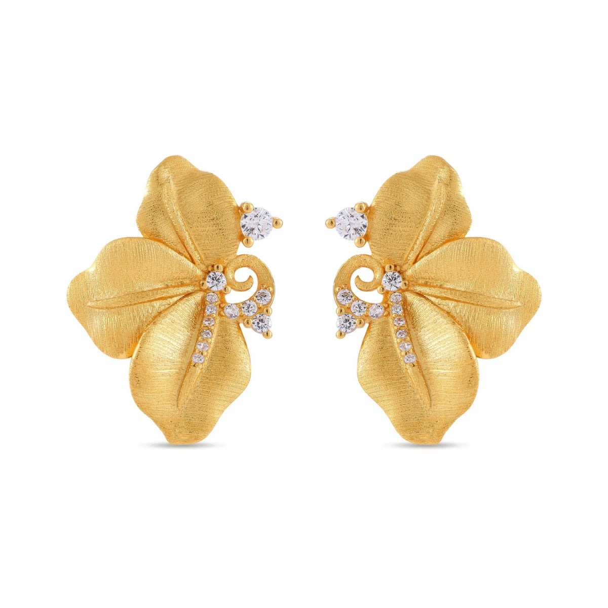Elise Petal Studs, pair of brushed gold flower studs with cubic zirconia swirl, front view, straight on